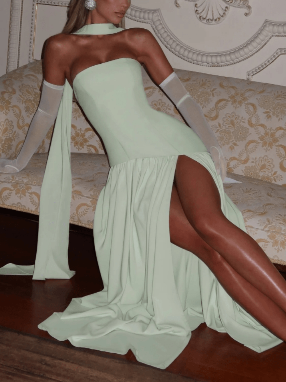 Vestido largo sin tirantes patchwork menta