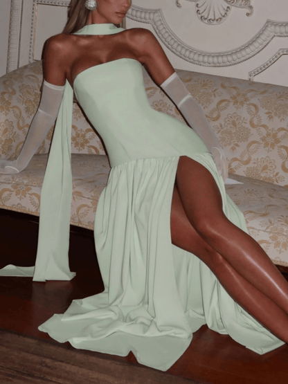 Vestido largo sin tirantes patchwork menta