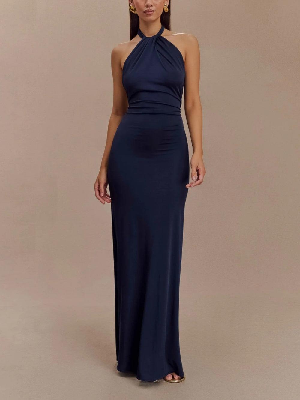 Vestido maxi halter ajustado navy