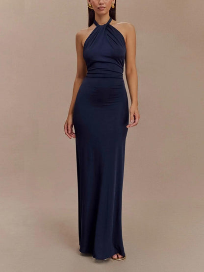 Vestido maxi halter ajustado navy