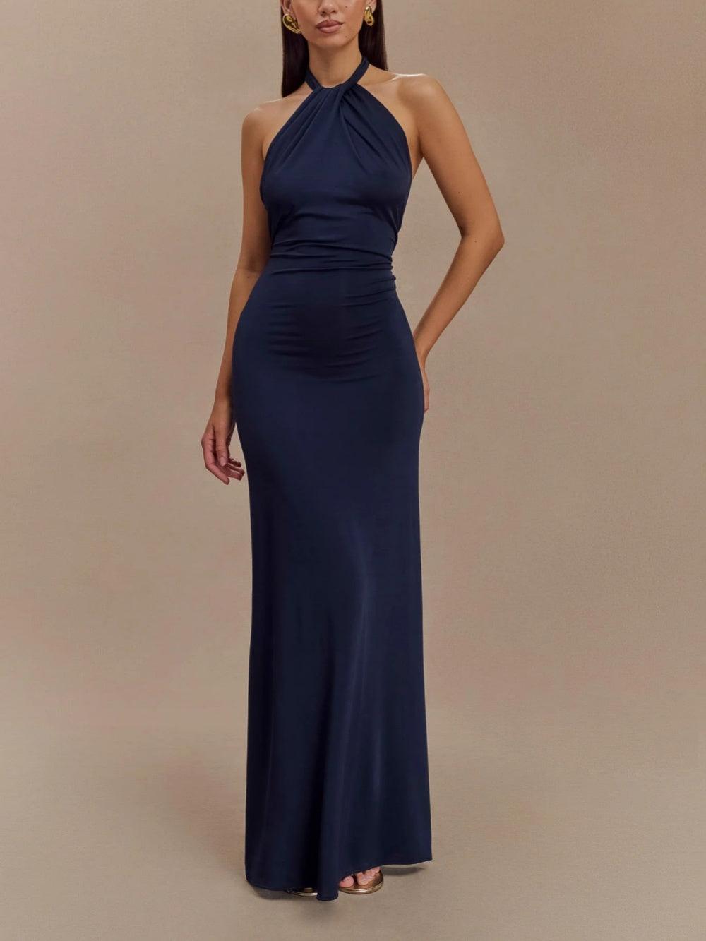Vestido maxi halter ajustado navy