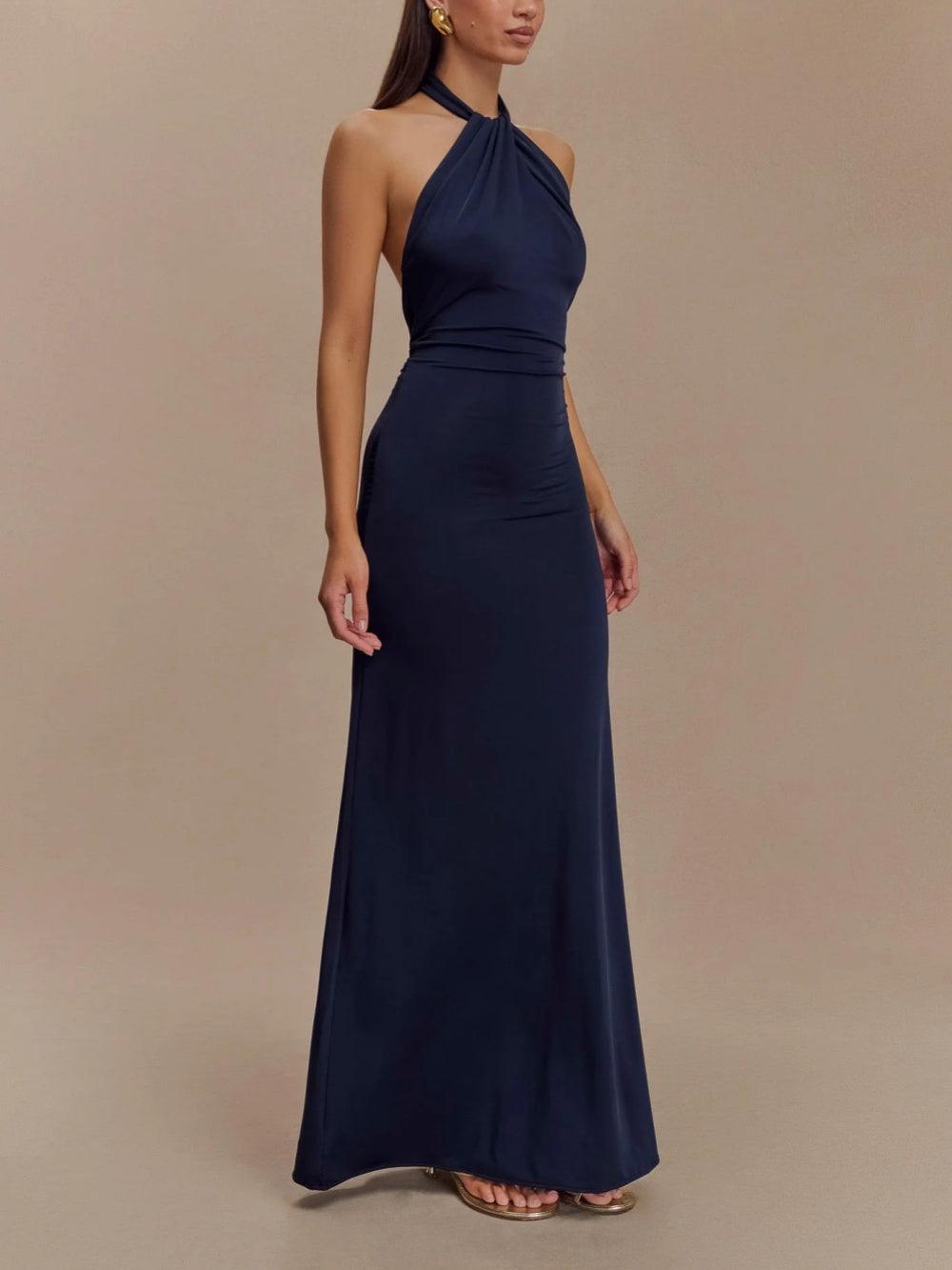 Vestido maxi halter ajustado navy