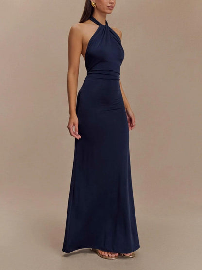 Vestido maxi halter ajustado navy