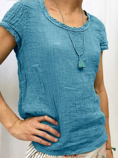 Camisa casual de algodón y lino con cuello redondo