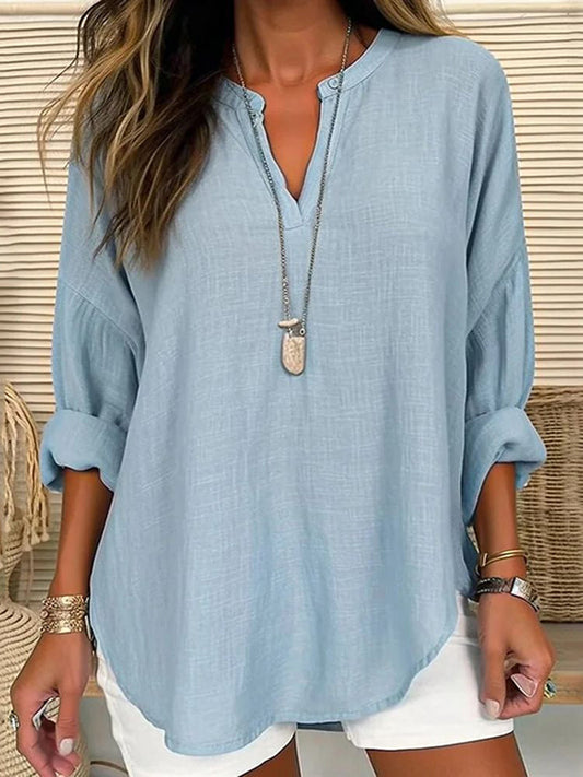 Blusa casual de algodón con cuello en V y corte holgado