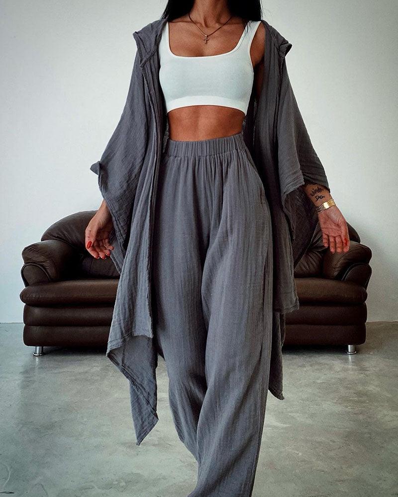 Conjunto de dos piezas en algodón y lino con cárdigan de capucha