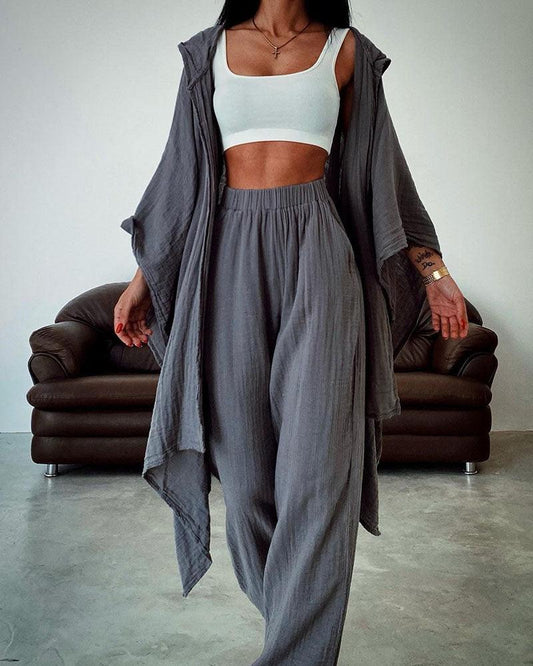 Conjunto de dos piezas en algodón y lino con cárdigan de capucha