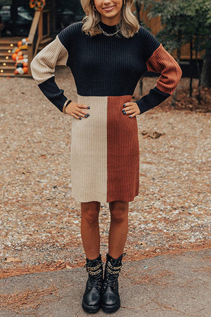 Vestido de punto color block con cuello simulado