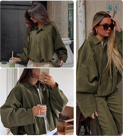 Chaqueta piloto corta de gamuza sintética con solapa