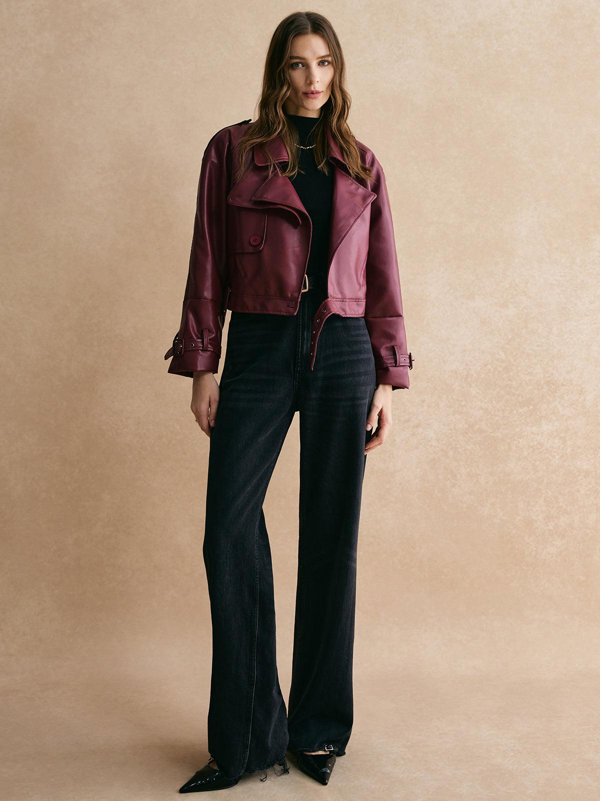 Chaqueta de piel sintética con cinturón y hebilla