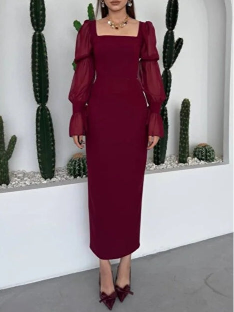 Vestido Largo de Gasa con Mangas Globo y Escote Cuadrado