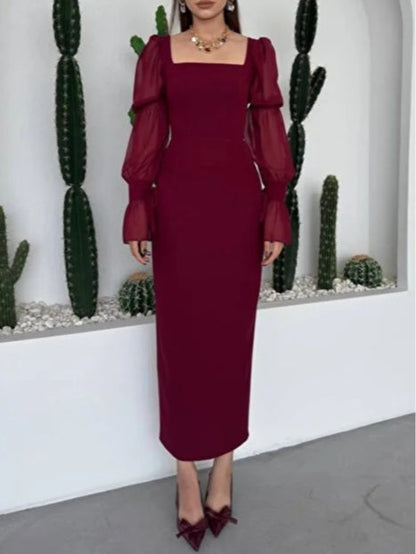 Vestido Largo de Gasa con Mangas Globo y Escote Cuadrado