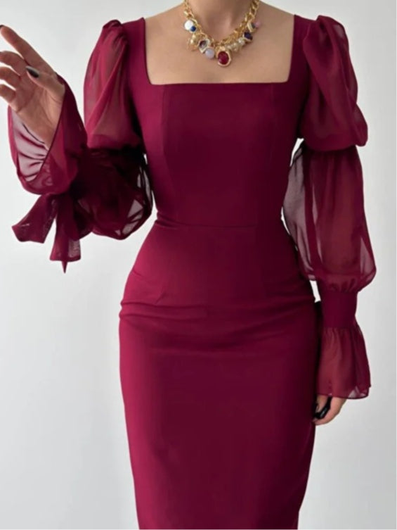 Vestido Largo de Gasa con Mangas Globo y Escote Cuadrado