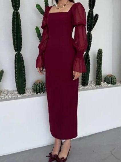 Vestido Largo de Gasa con Mangas Globo y Escote Cuadrado