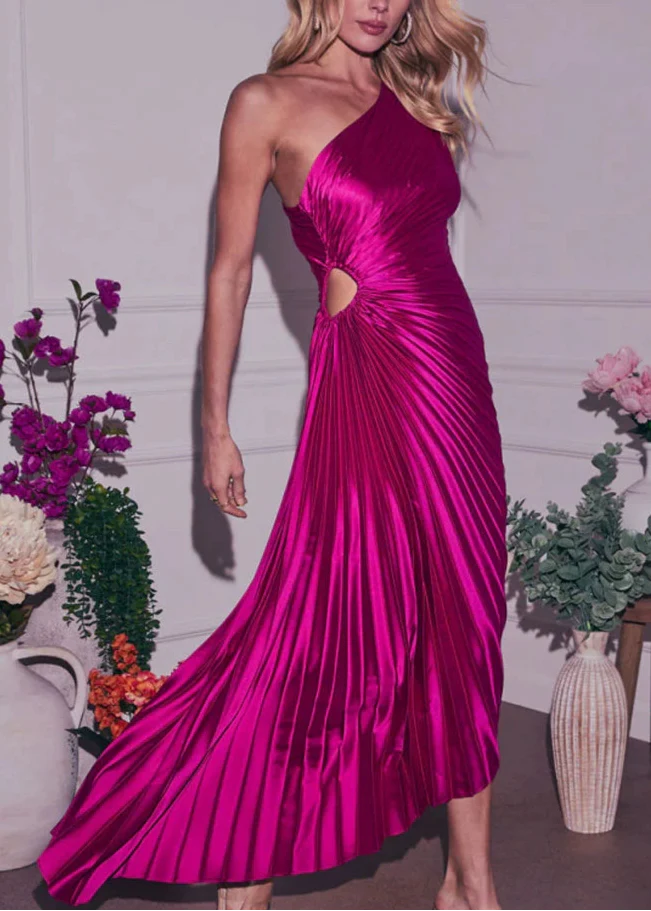 Vestido largo asimétrico plisado de un solo hombro