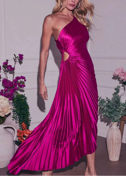 Vestido largo asimétrico plisado de un solo hombro