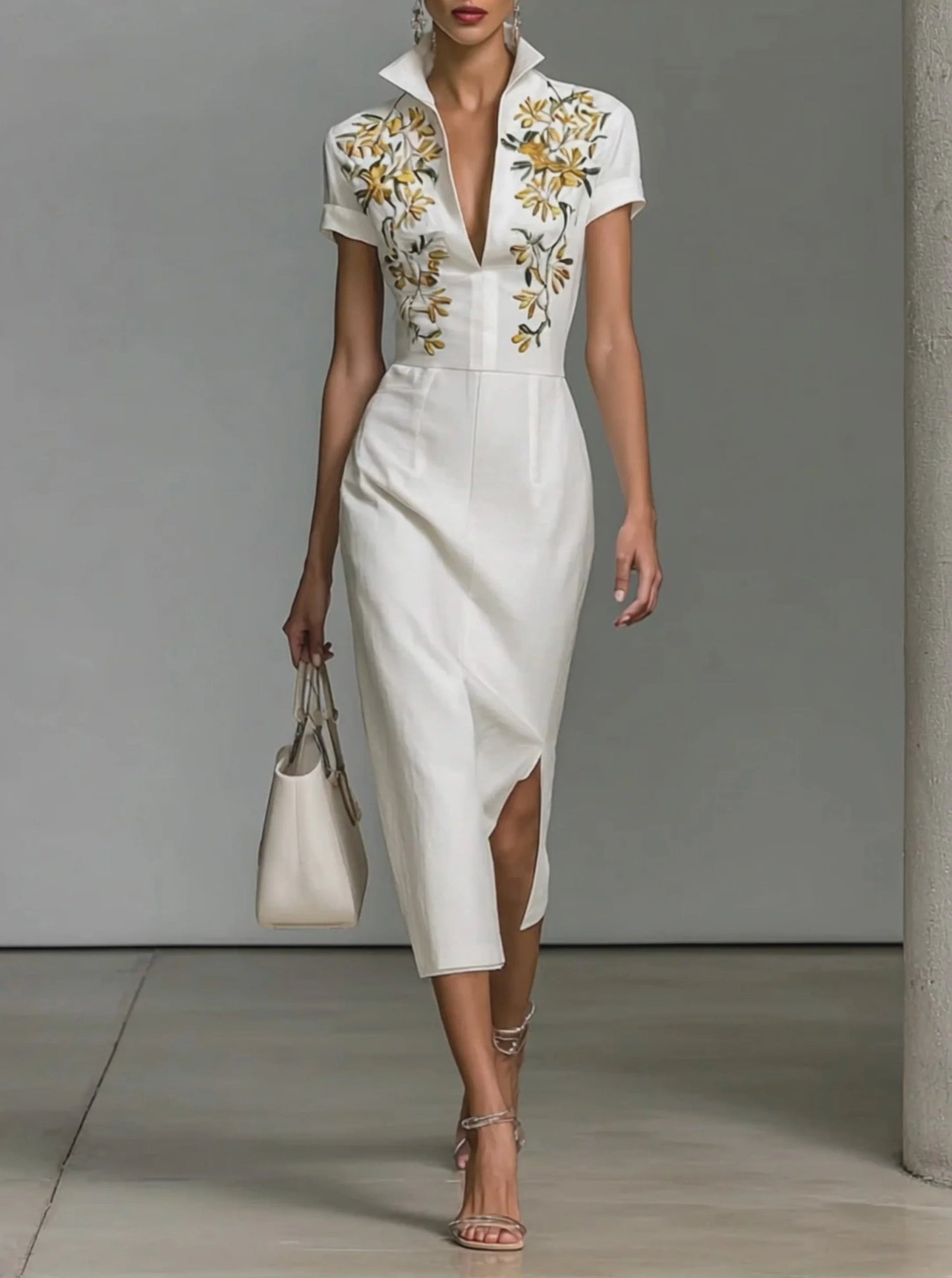 Vestido midi estampado con escote en V y manga corta