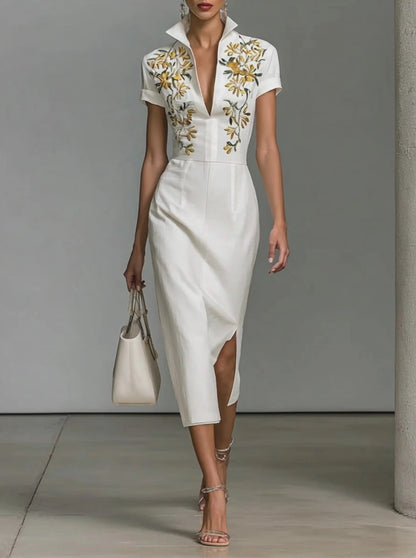 Vestido midi estampado con escote en V y manga corta