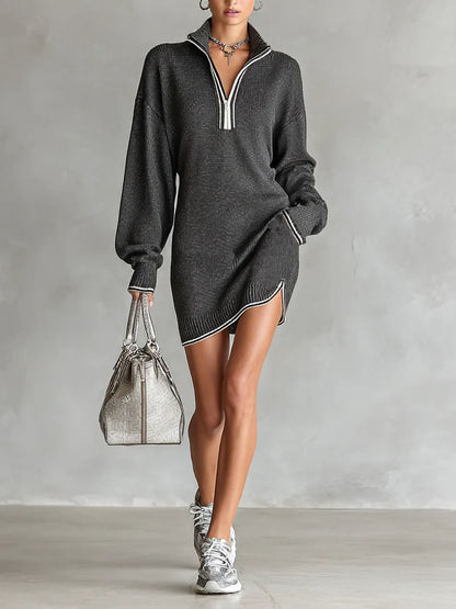 Vestido Mini de Punto con Cremallera y Ribete Blanco