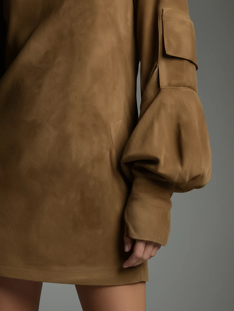 Vestido Mini Vintage de Ante con Cuello Alto