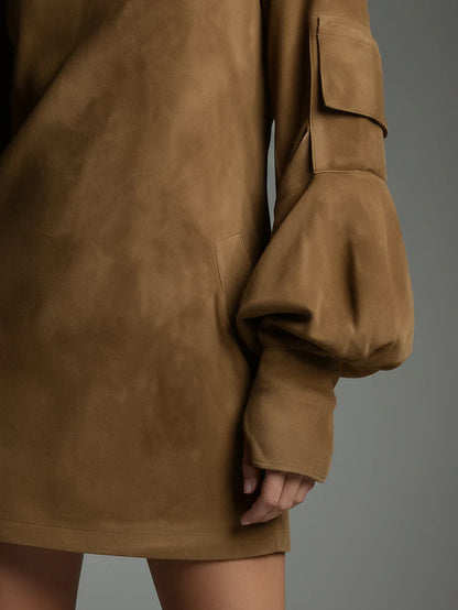 Vestido Mini Vintage de Ante con Cuello Alto