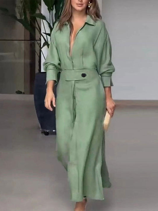 Vestido Camisero Midi de Manga Larga con Bolsillos