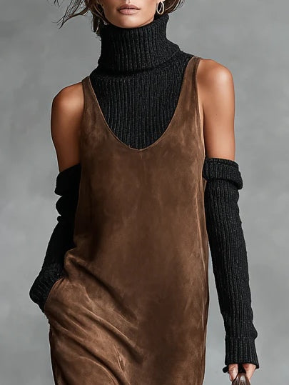 Vestido Midi de Ante con Cuello Redondeado y Tirantes Anchos