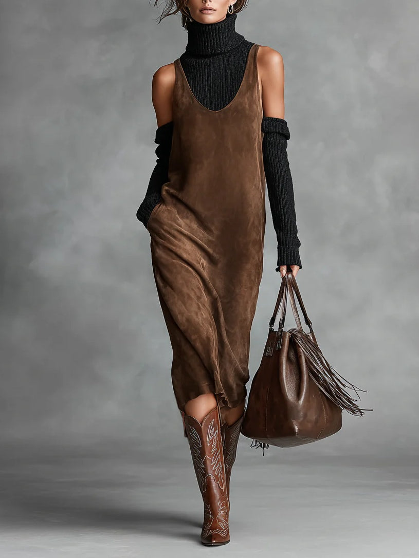 Vestido Midi de Ante con Cuello Redondeado y Tirantes Anchos