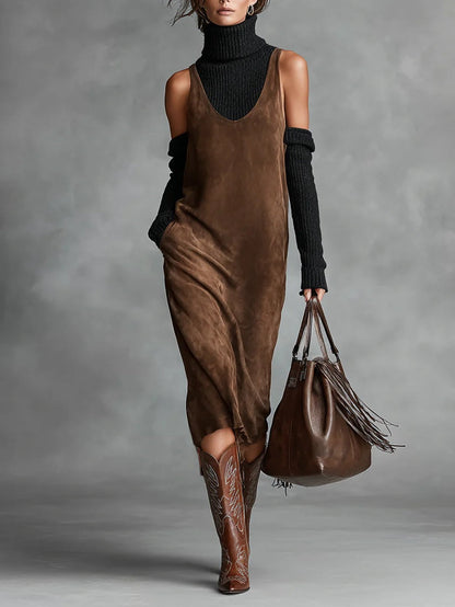 Vestido Midi de Ante con Cuello Redondeado y Tirantes Anchos