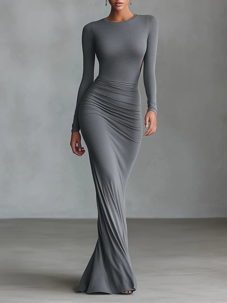 Vestido largo gris de punto elástico con espalda abierta