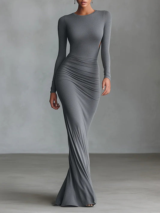 Vestido largo gris de punto elástico con espalda abierta