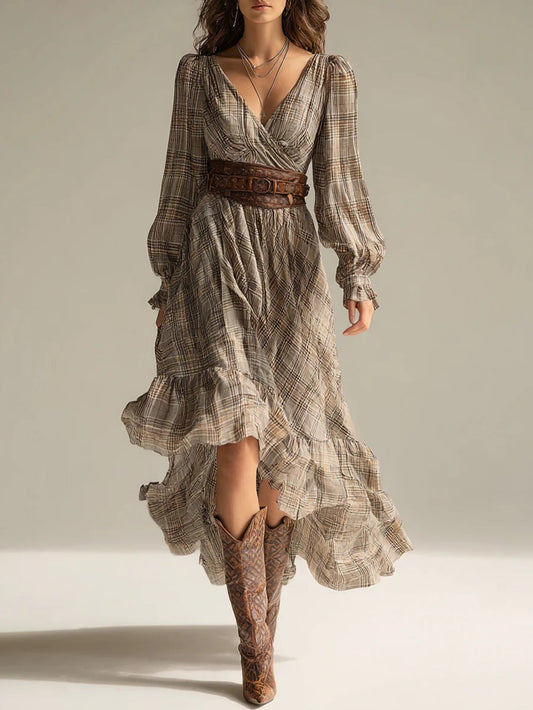 Vestido Midi de Gasa Bohemio a Cuadros con Volantes