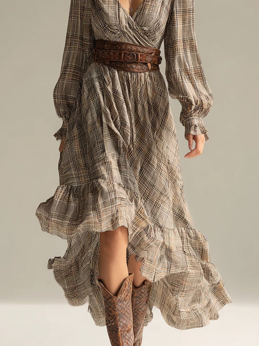 Vestido Midi de Gasa Bohemio a Cuadros con Volantes