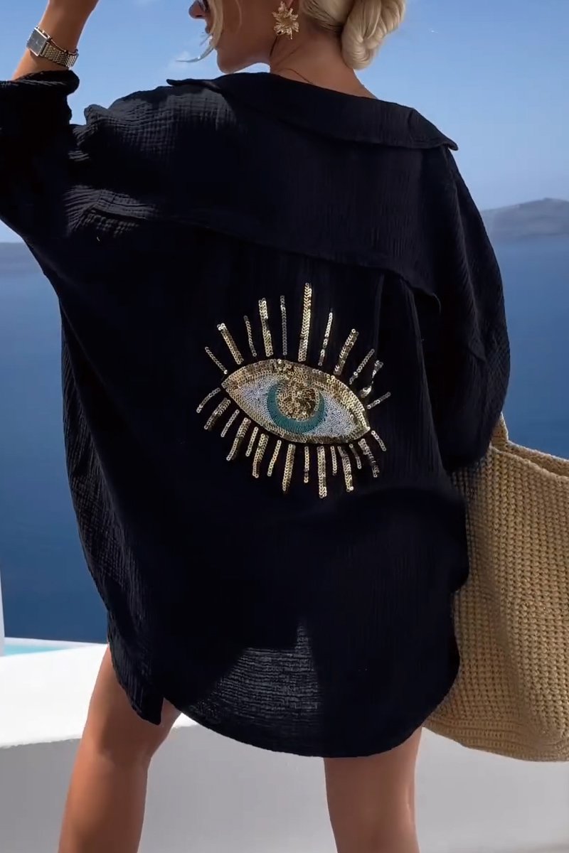 Camisa casual con aplicaciones de lentejuelas y abalorios