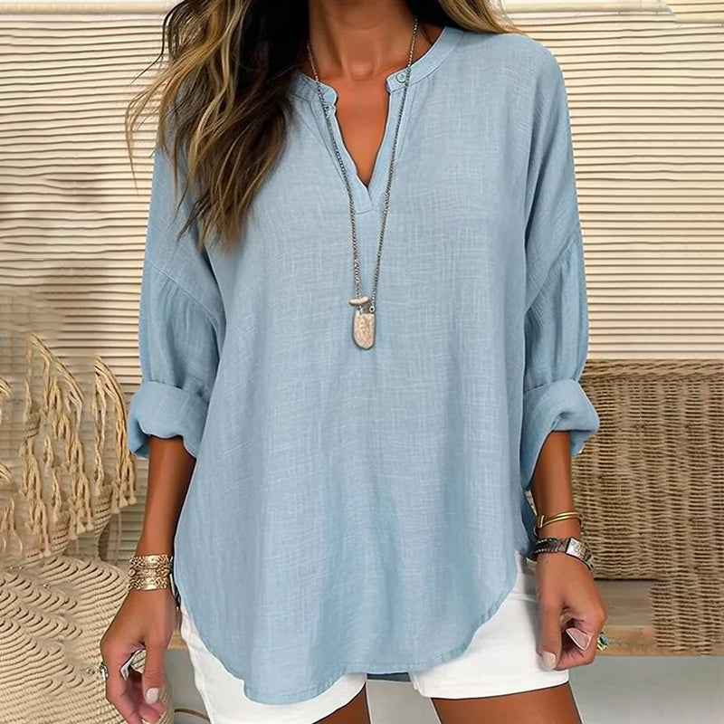 Blusa casual de algodón con cuello en V y corte holgado