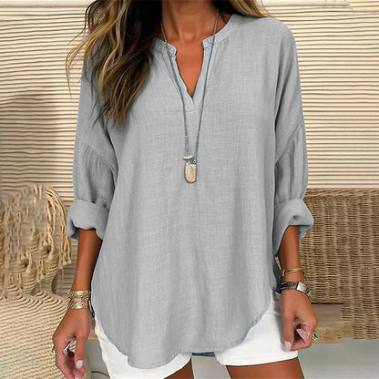 Blusa casual de algodón con cuello en V y corte holgado