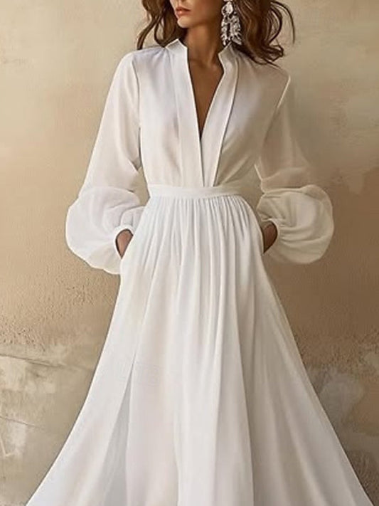 Vestido Largo Blanco con Volantes y Mangas Abullonadas