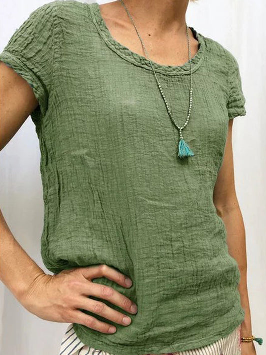 Camisa casual de algodón y lino con cuello redondo