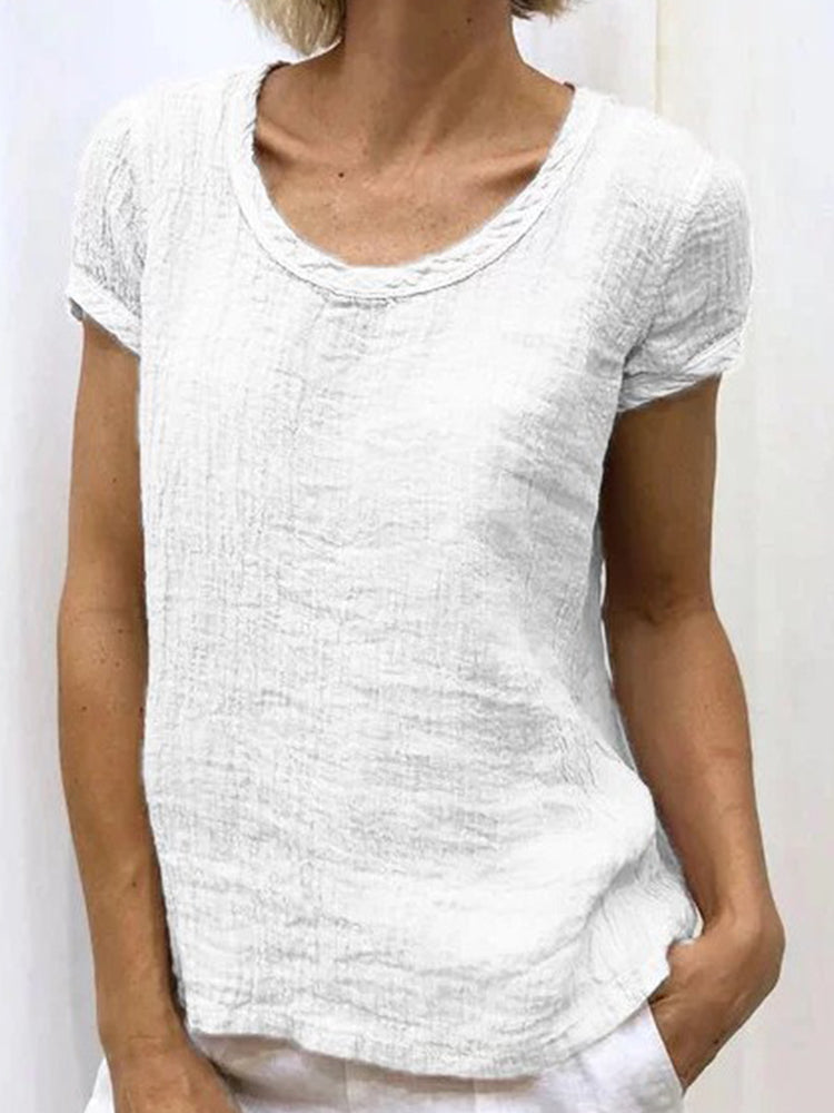 Camisa casual de algodón y lino con cuello redondo