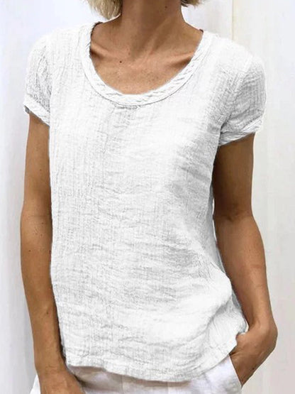 Camisa casual de algodón y lino con cuello redondo