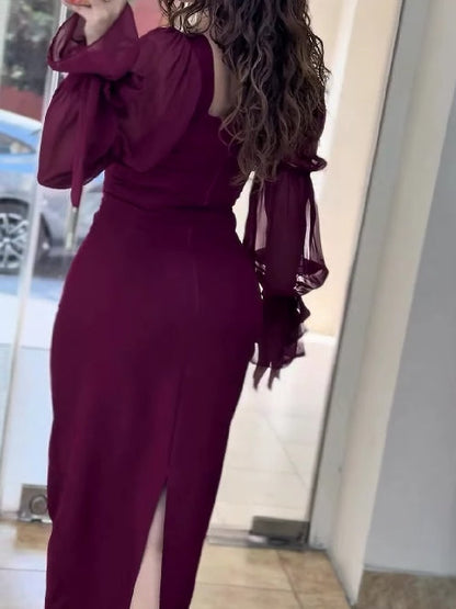 Vestido Largo de Gasa con Mangas Globo y Escote Cuadrado