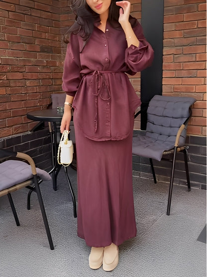 Conjunto de camisa con lazo y falda con cordón